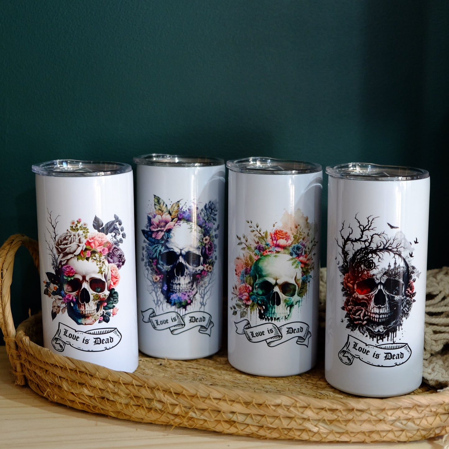 Stainless tumbler with slide lid - INSULATED - 15oz - Floral Skull