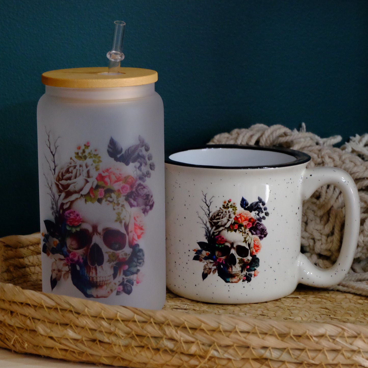 Ceramic Speckled mug 400ml - Floral Skull