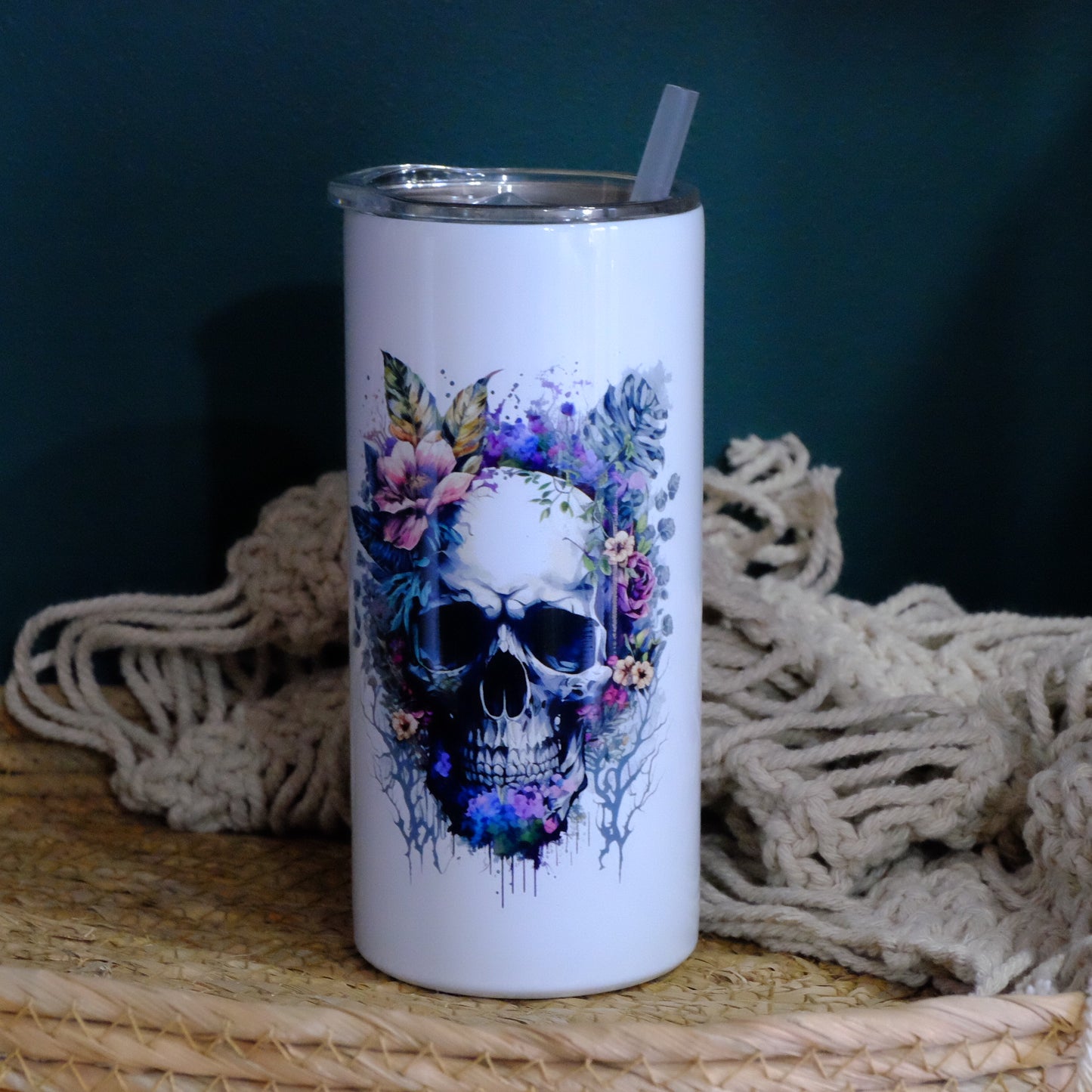 Stainless tumbler with slide lid - INSULATED - 15oz - Floral Skull