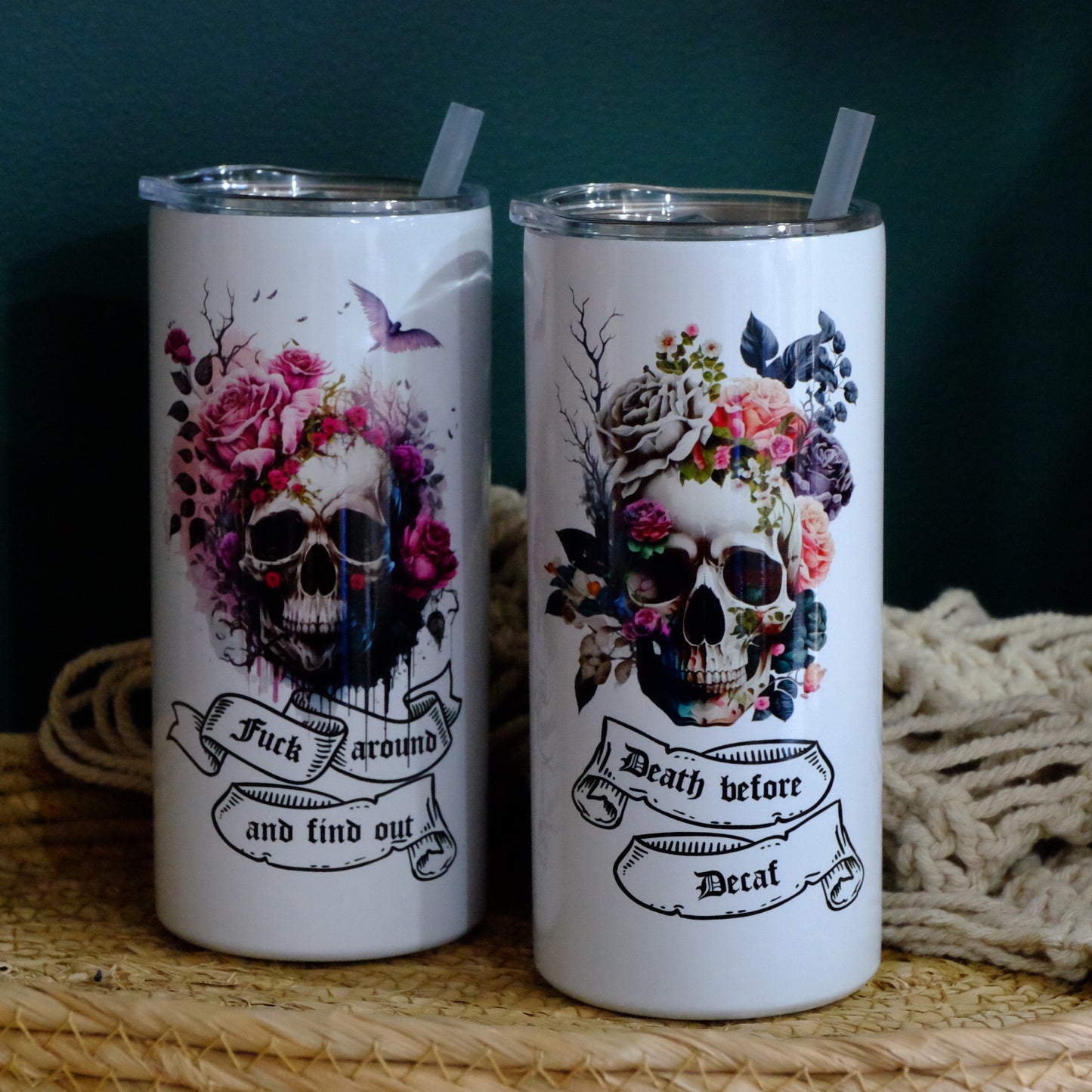 Stainless tumbler with slide lid - INSULATED - 15oz - Floral Skull