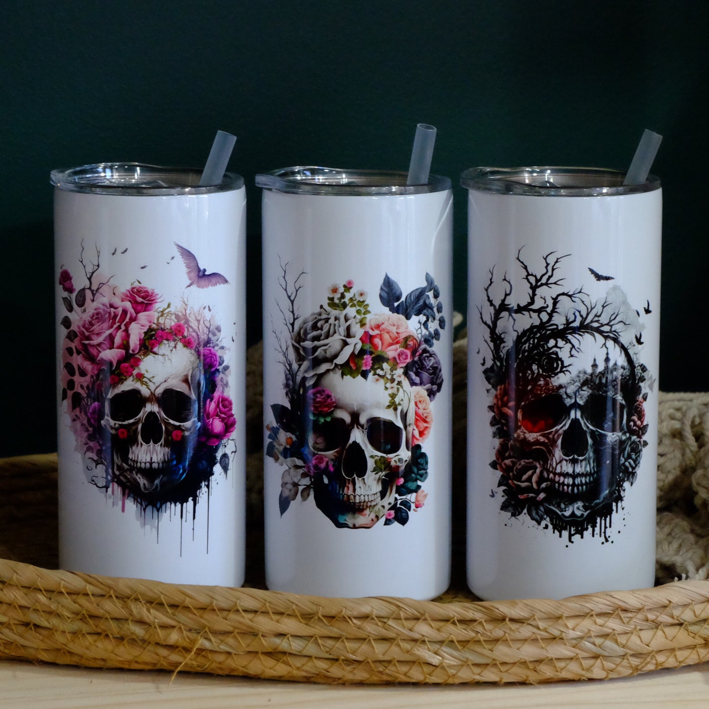 Stainless tumbler with slide lid - INSULATED - 15oz - Floral Skull