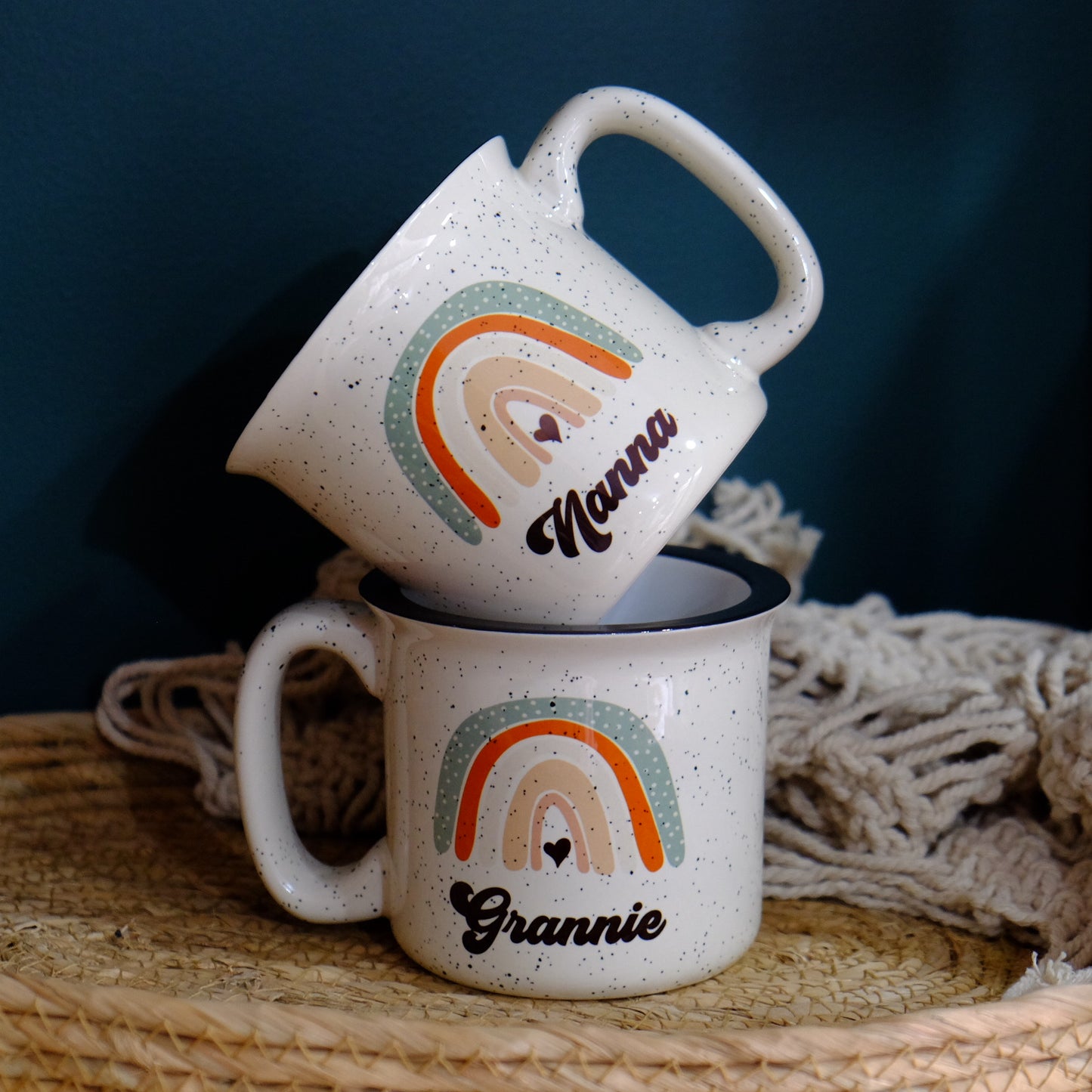 Ceramic speckled mug 400ml - Boho rainbow custom name