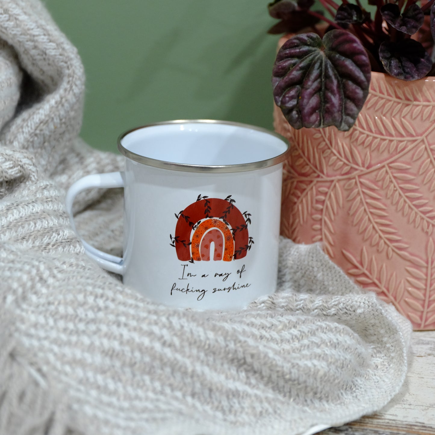 Enamel Mug 360ml - Boho Rainbow, I'm a ray of fucking sunshine