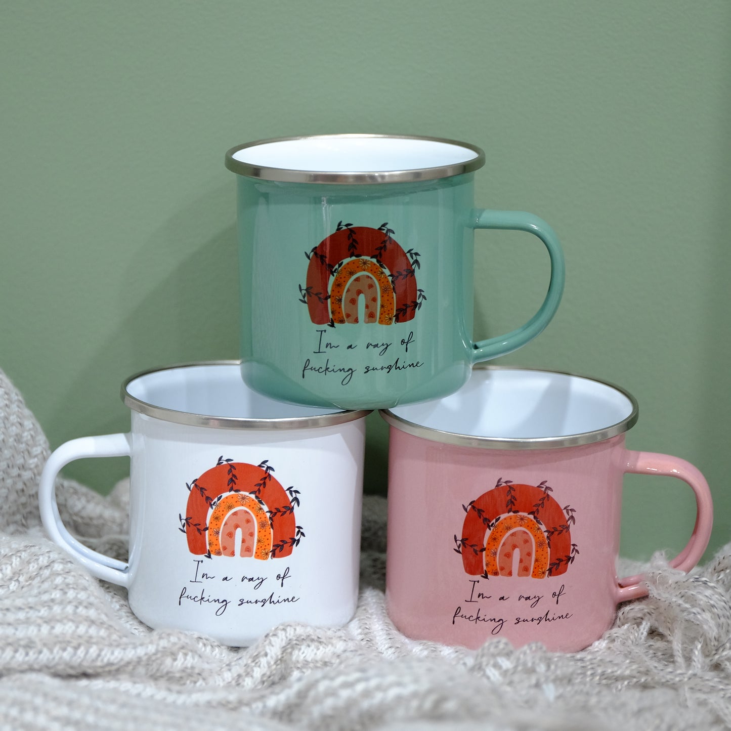 Enamel Mug 360ml - Boho Rainbow, I'm a ray of fucking sunshine