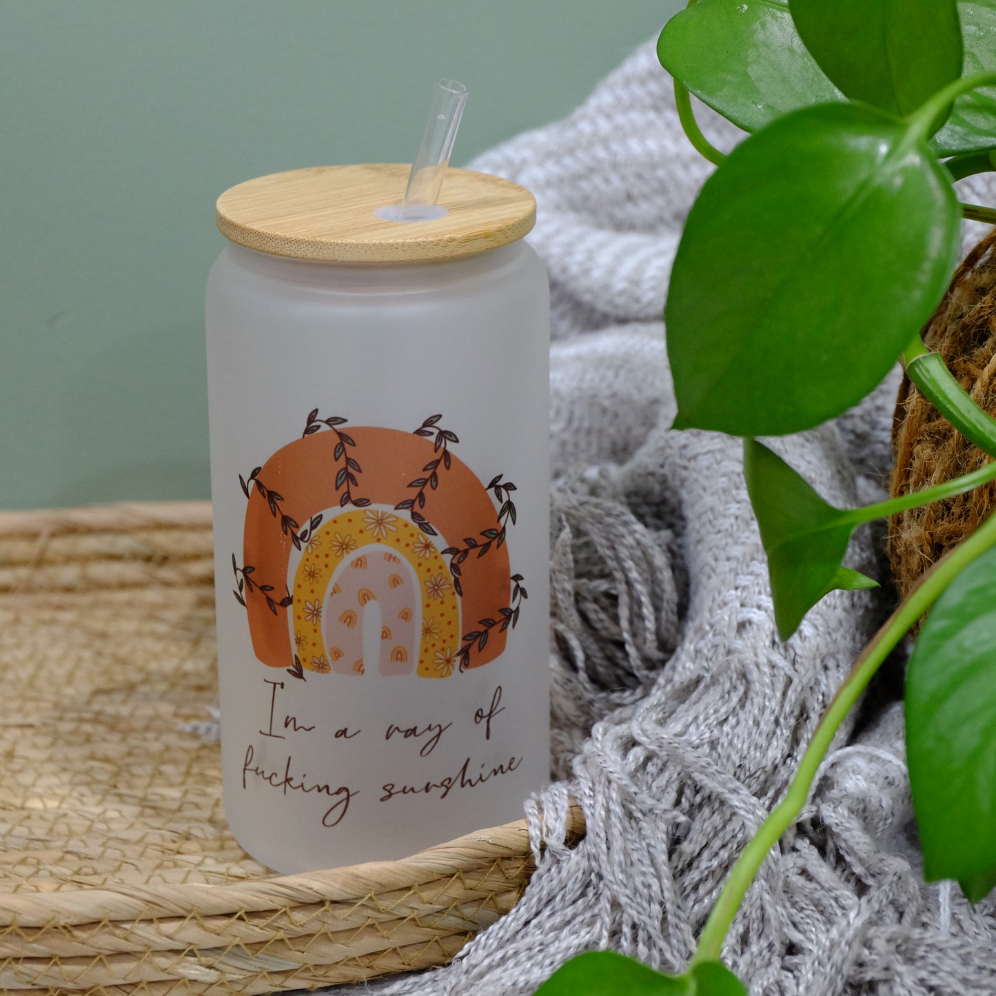 Libbey can glass cup - bamboo lid - Boho Rainbow - Ray of fucking sunshine