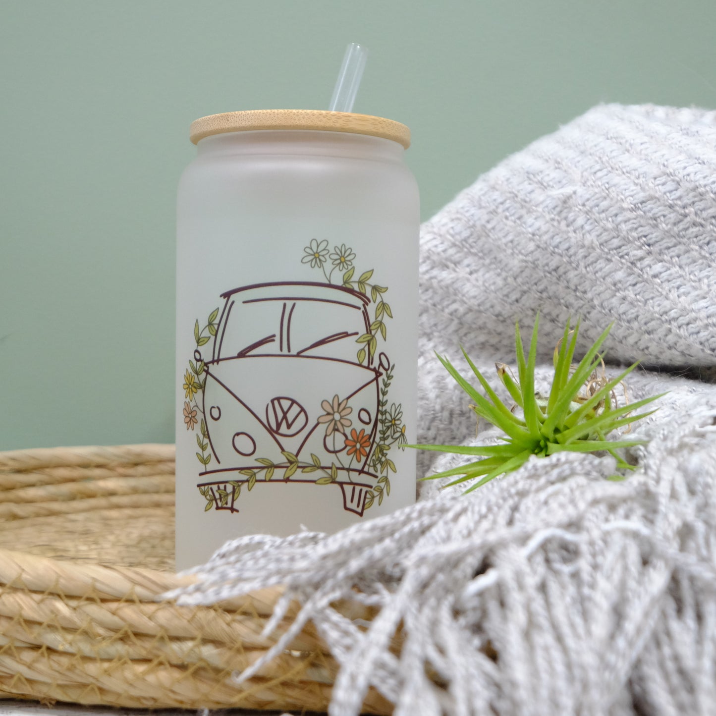 Libbey can glass cup - bamboo lid - Wildflower Combi