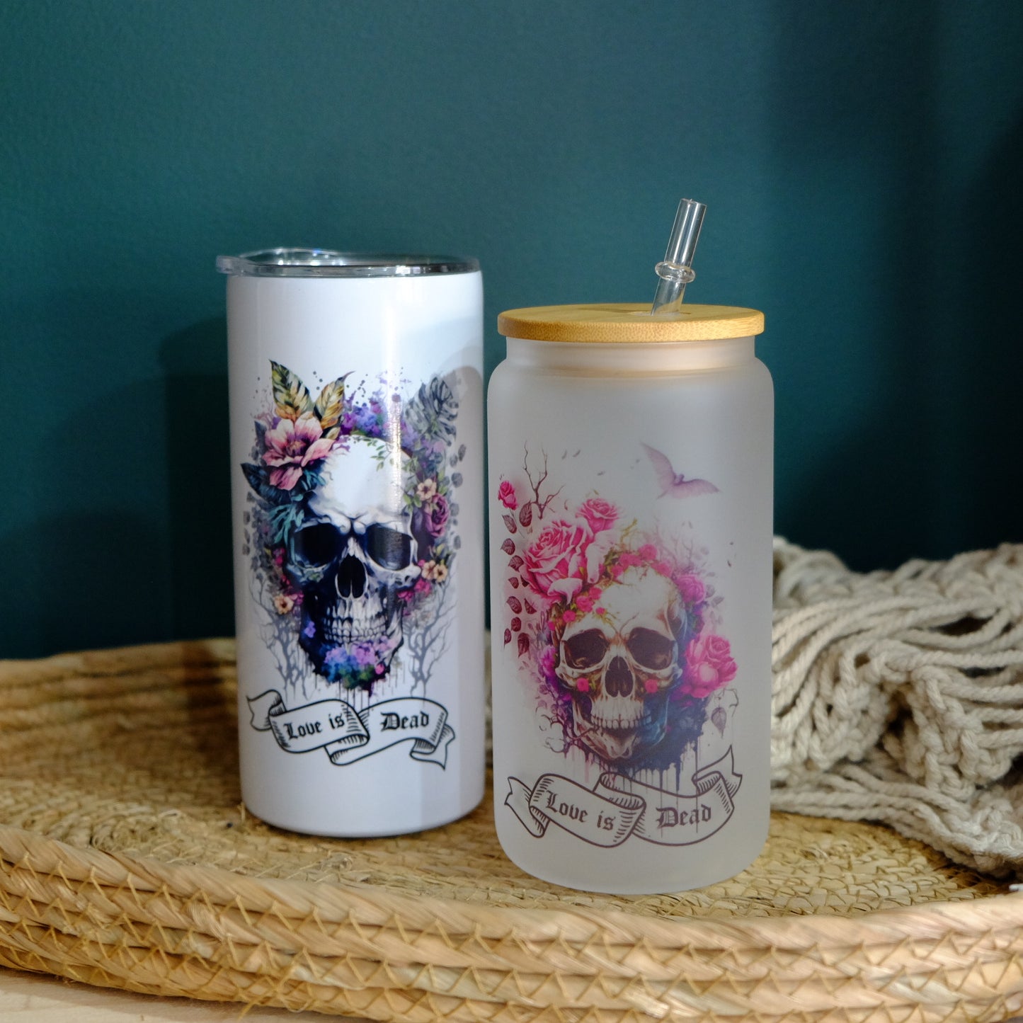 Libbey can glass cup - bamboo lid - Floral Skull