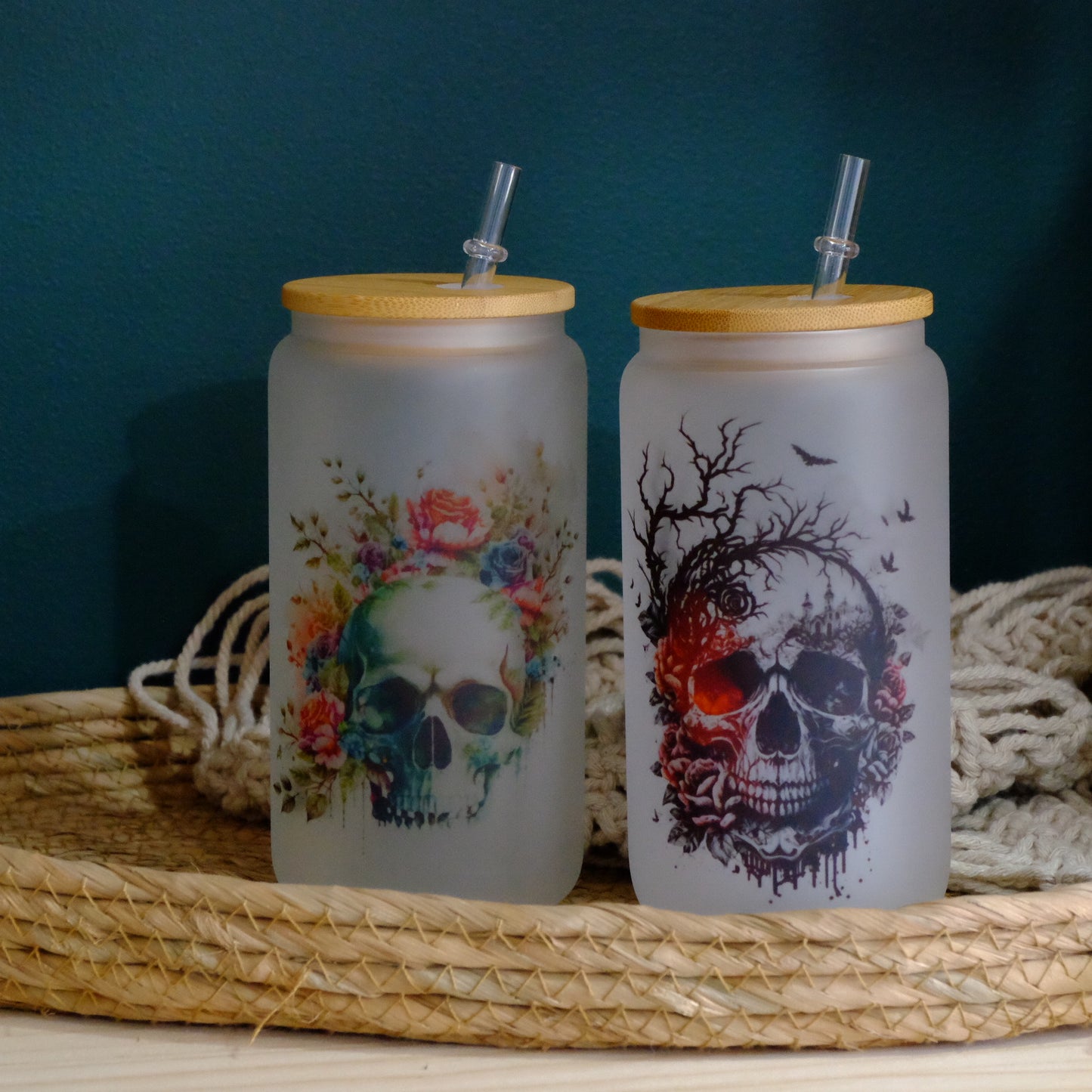 Libbey can glass cup - bamboo lid - Floral Skull