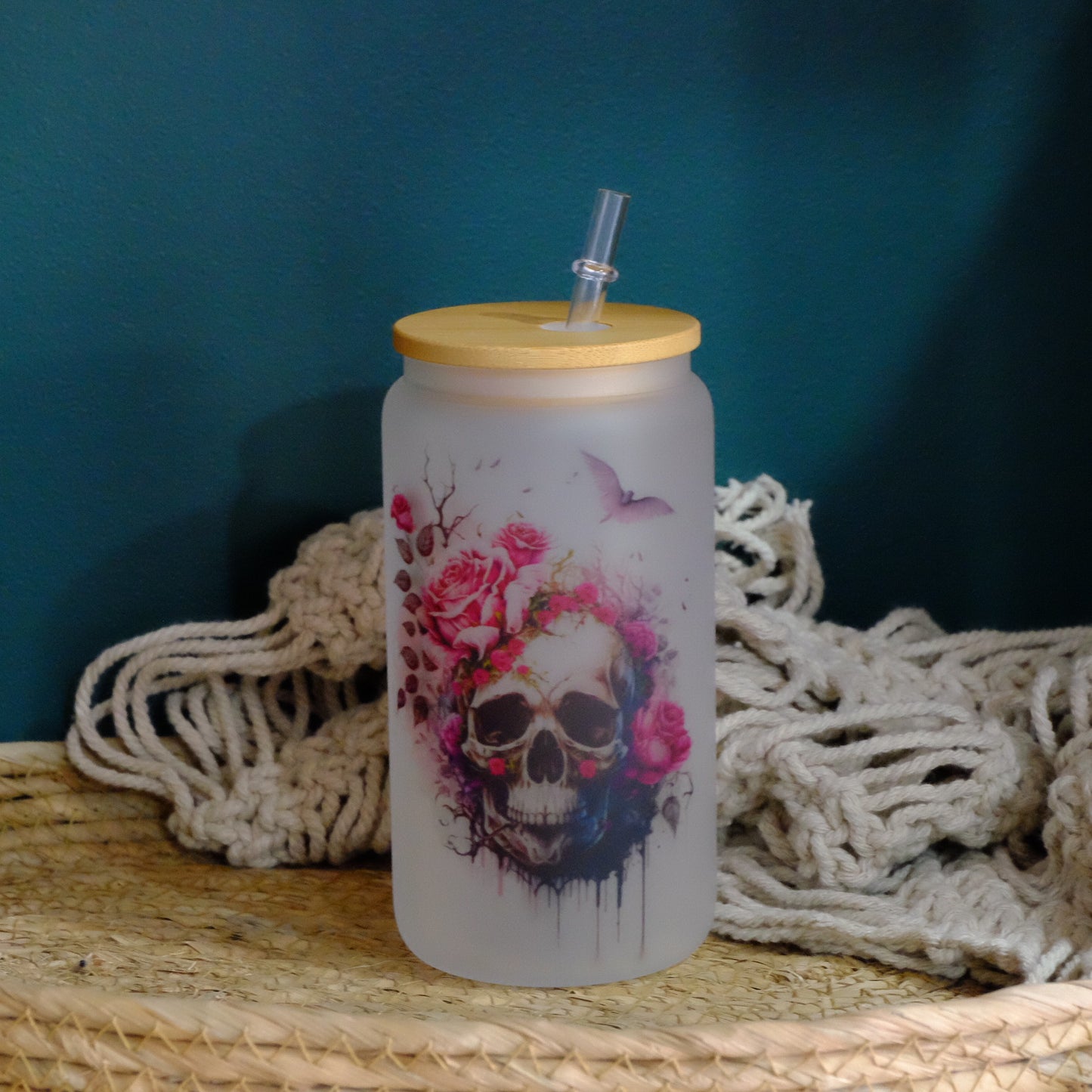 Libbey can glass cup - bamboo lid - Floral Skull