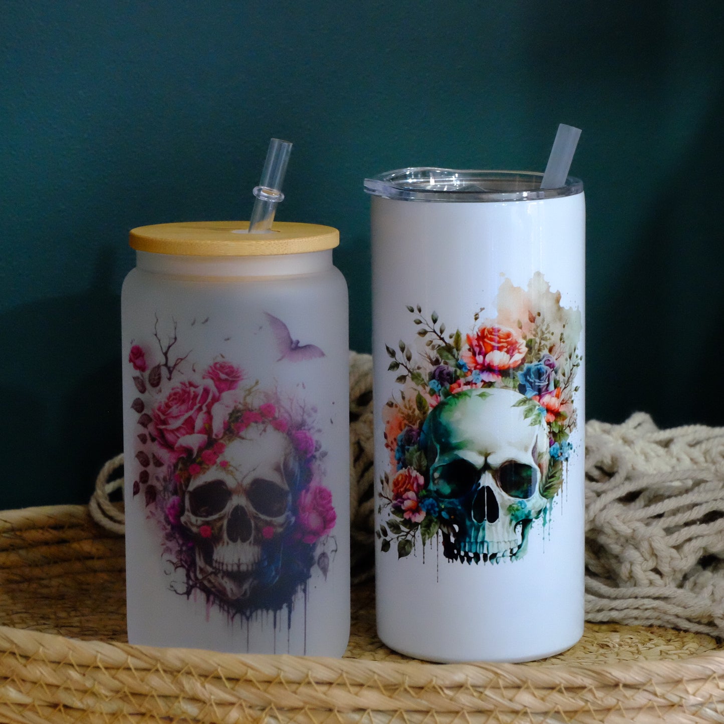 Libbey can glass cup - bamboo lid - Floral Skull