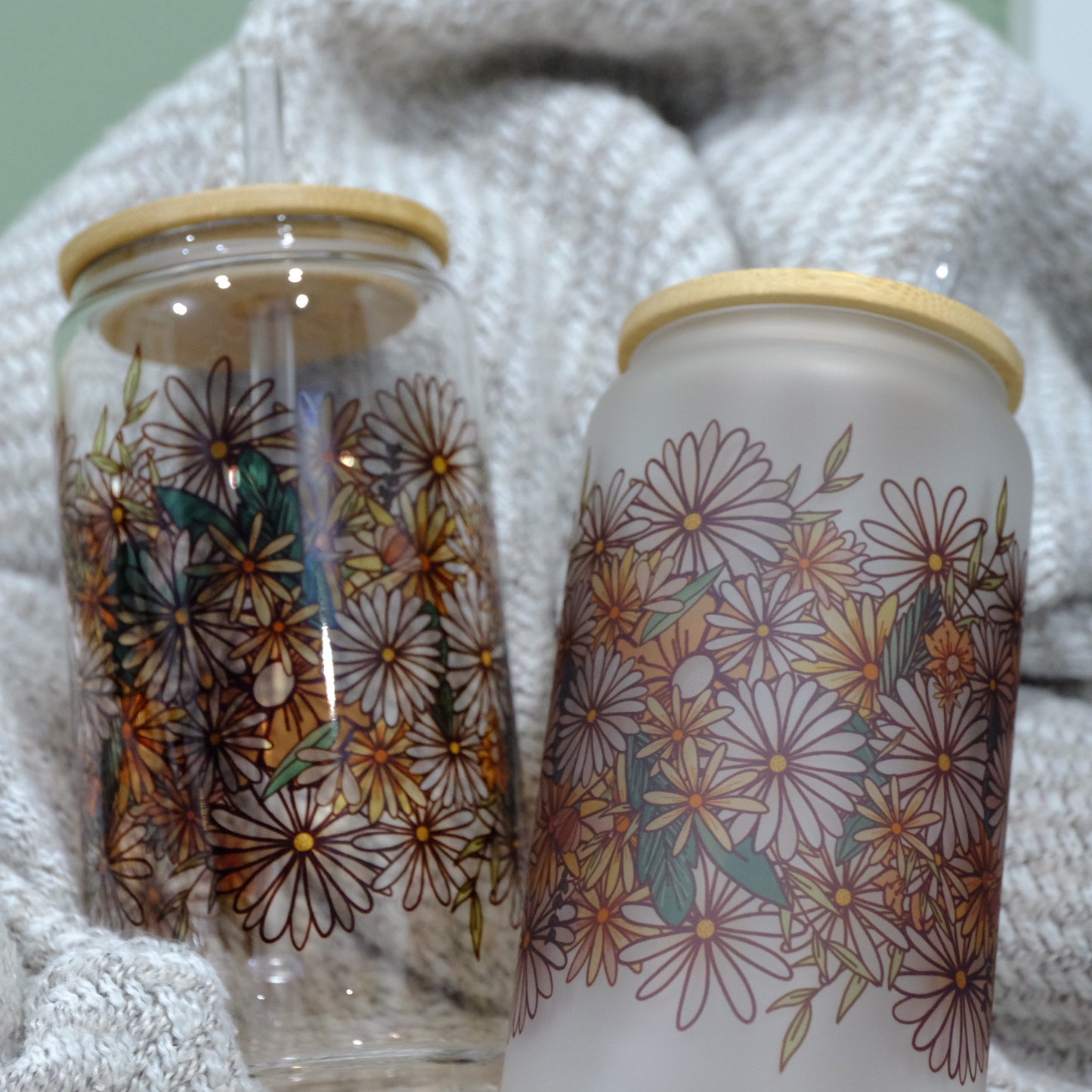 Libbey can glass cup - bamboo lid - Wildflowers