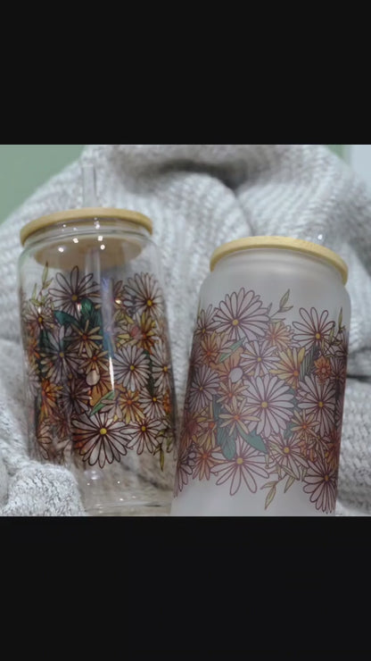 Libbey can glass cup - bamboo lid - Wildflowers