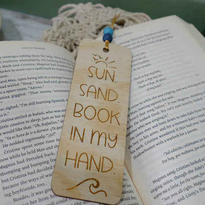 Sun sand book in my hand wooden engraved bookmark