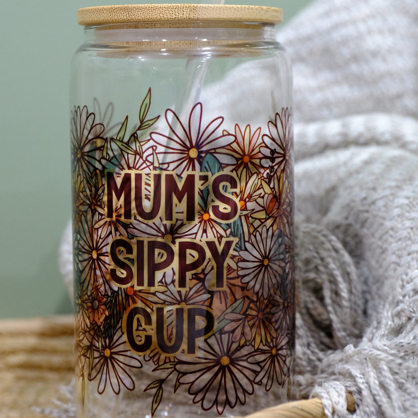 Libbey can glass cup - bamboo lid - Mum's sippy cup - wildflower