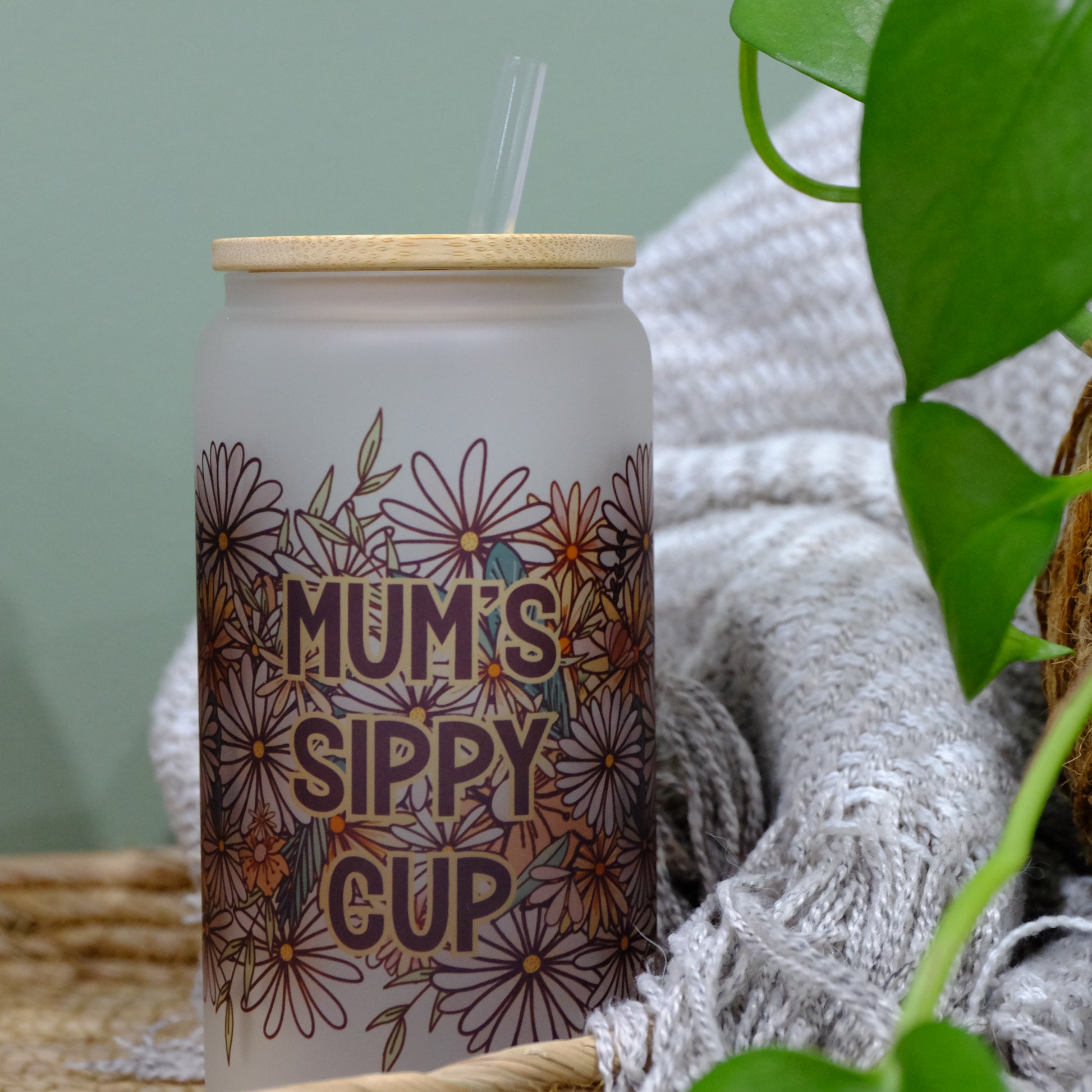 Mum's sippy cup - frosted glass with wooden lid, wildflower hand drawn design