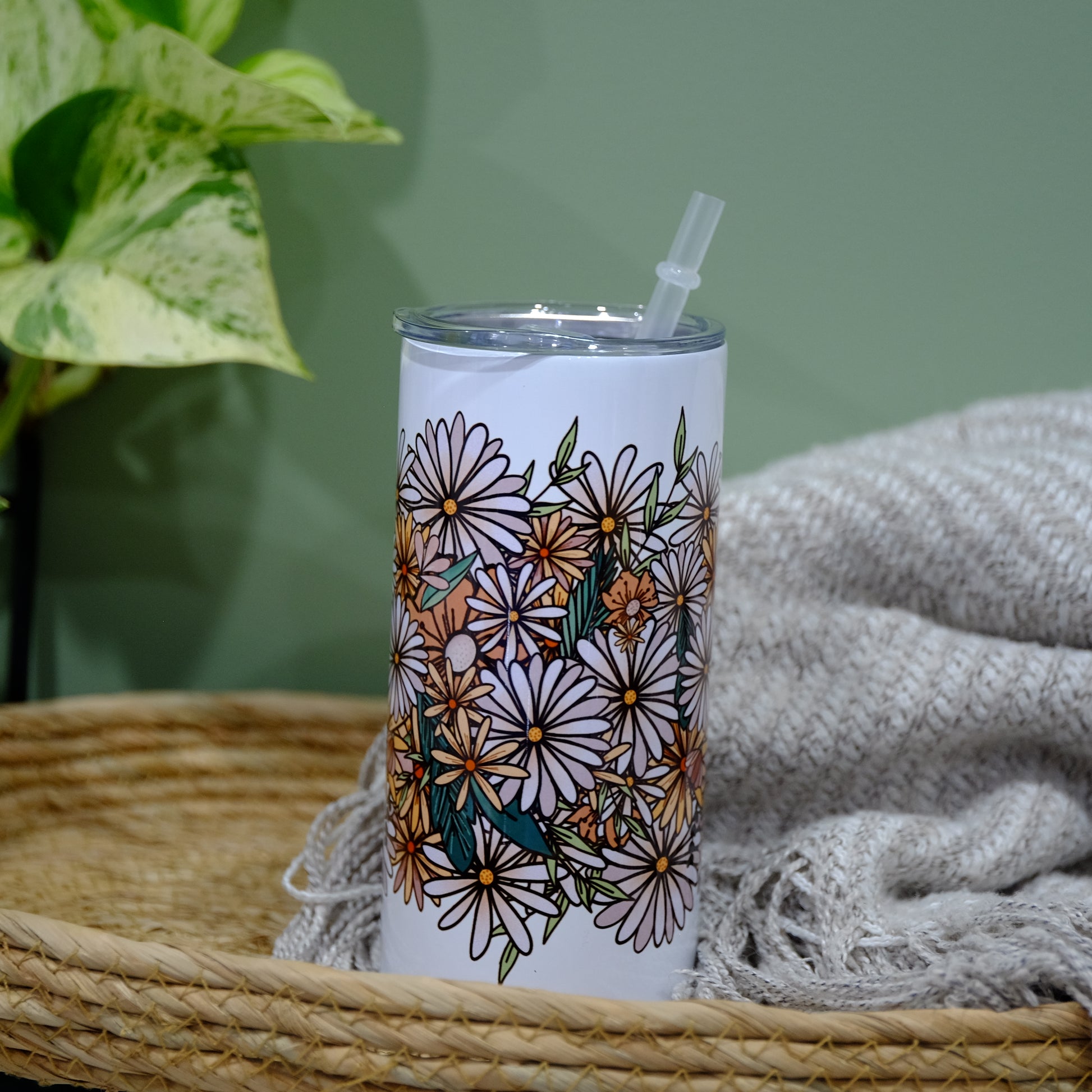 Wildflower boho insulated travel cup mug with straw