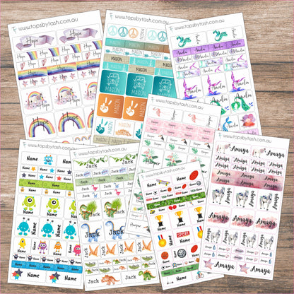 Name Label sticker sheets - mixed size sheets - Many themes!